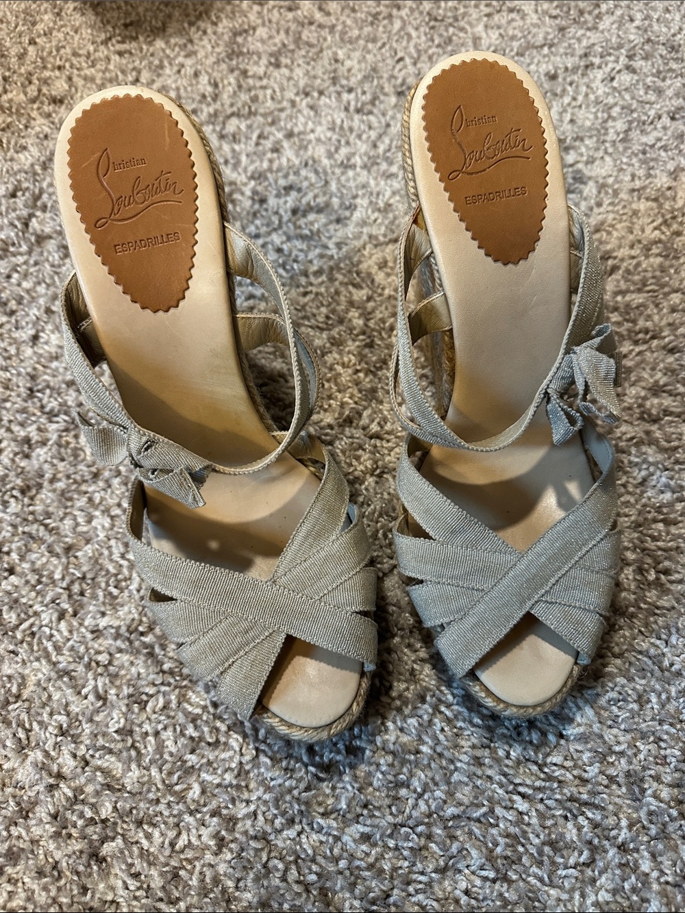 Christian Louboutin Light Beige Canvas Espadrille Wedge Sandals